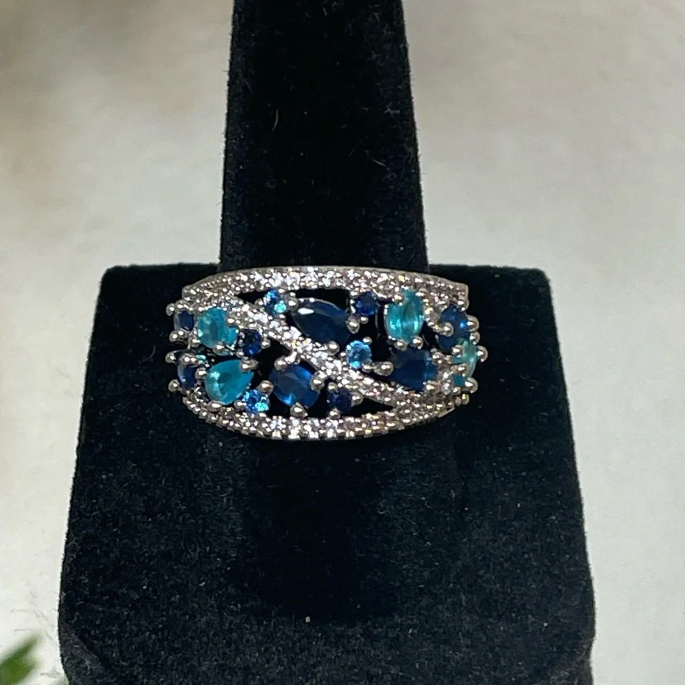 NEW Silvertone & Lab-Created Blue Topaz and Sapphire Multilayer Ring | Sz 6